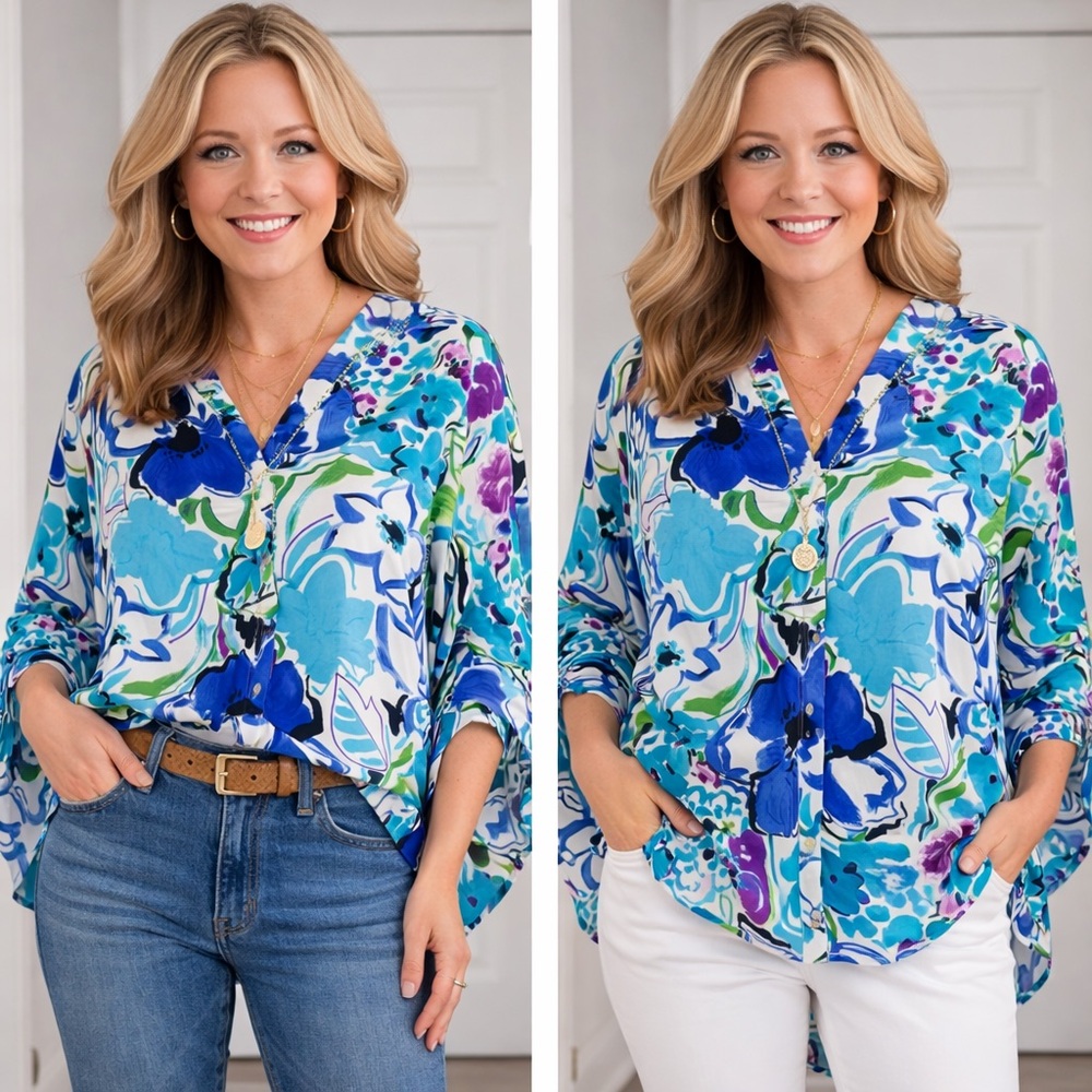 entro Multicolor Blue Floral V-Neck Button Blouse
02-0063